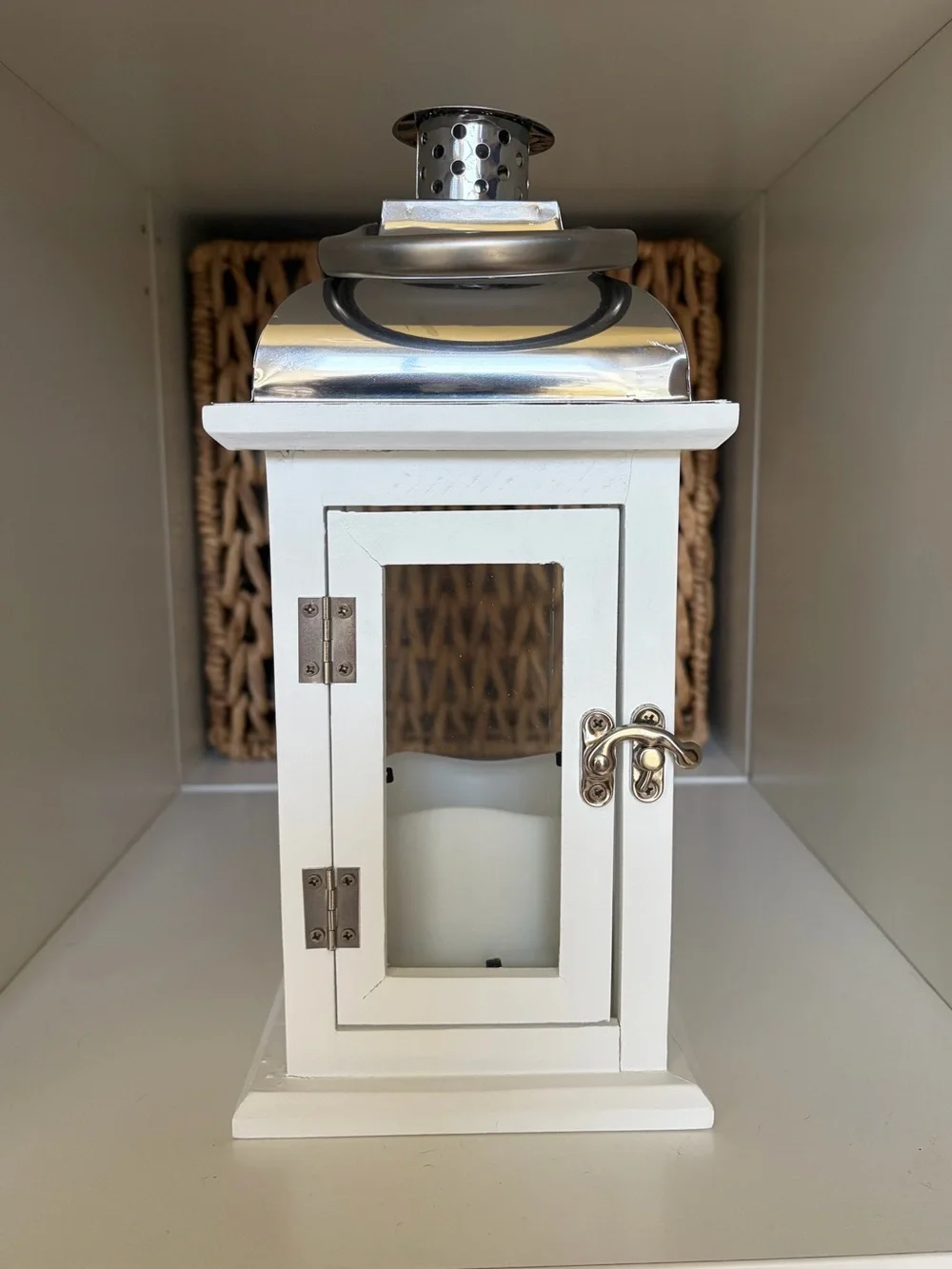 White Wood & Silver Metal Lantern with Flickering Candle